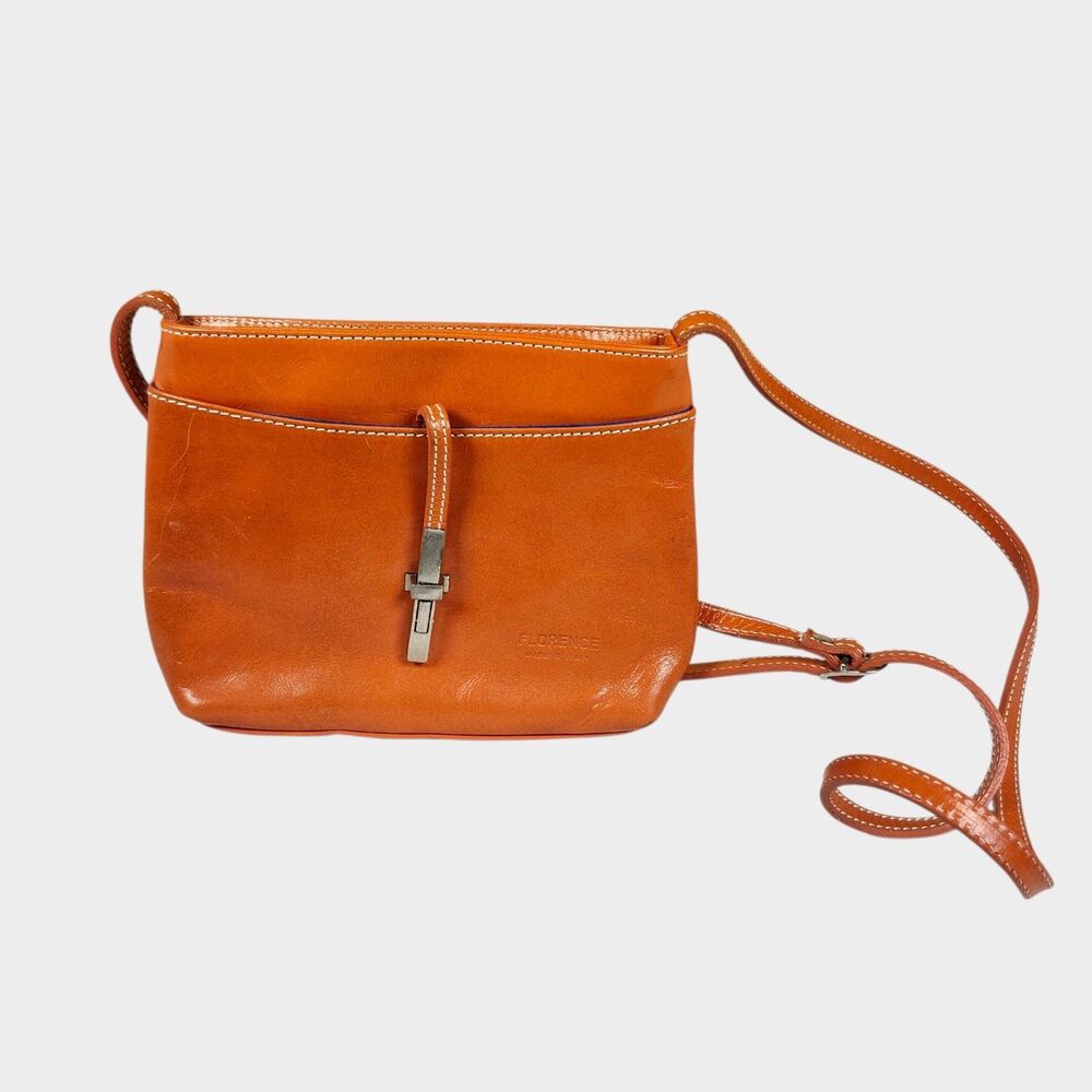 Florence Made In Italy OrangeLeather Crossbody Bag With Strap Silver Hardware